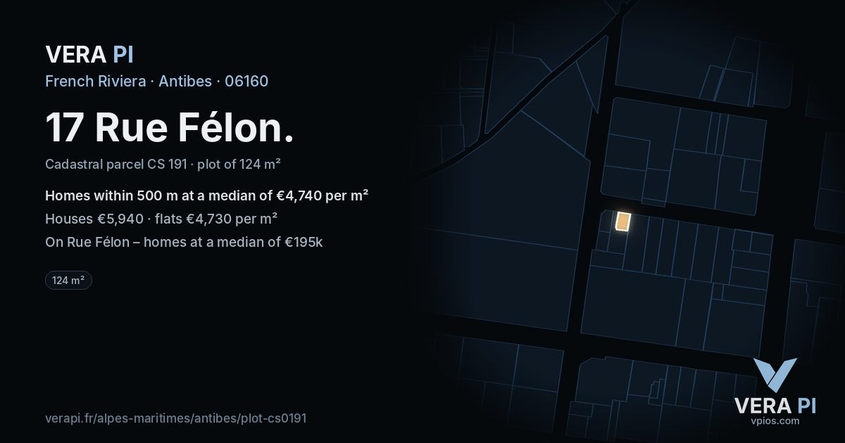17 Rue Félon, Antibes at night – the plot lit, the parcels around coloured by the prices near them