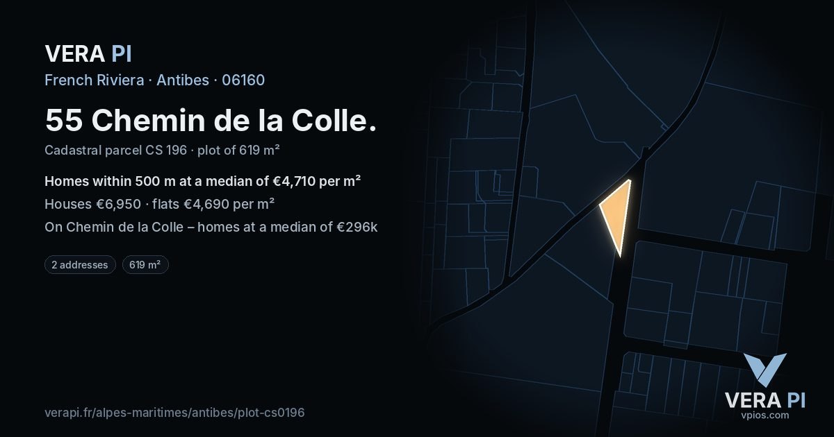 55 Chemin de la Colle, Antibes at night – the plot lit, the parcels around coloured by the prices near them
