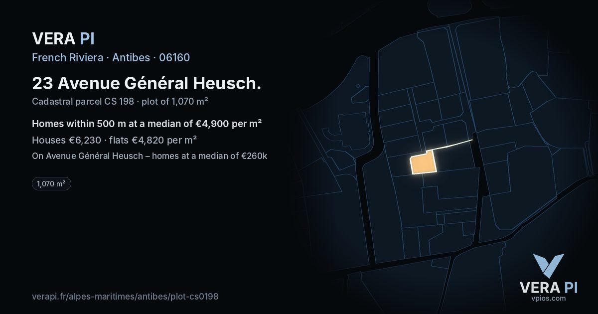 23 Avenue Général Heusch, Antibes at night – the plot lit, the parcels around coloured by the prices near them