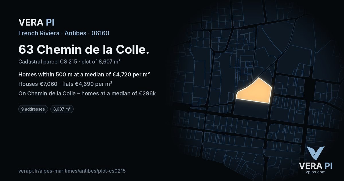 63 Chemin de la Colle, Antibes at night – the plot lit, the parcels around coloured by the prices near them