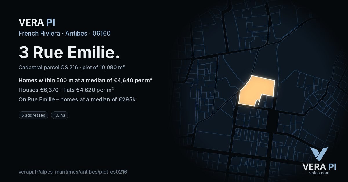 3 Rue Emilie, Antibes at night – the plot lit, the parcels around coloured by the prices near them