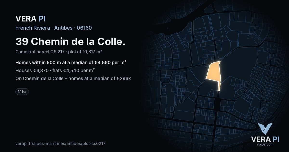 39 Chemin de la Colle, Antibes at night – the plot lit, the parcels around coloured by the prices near them