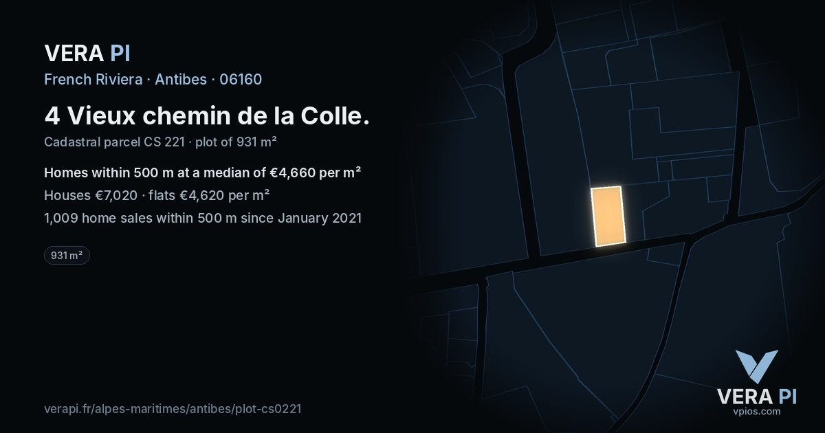 4 Vieux chemin de la Colle, Antibes at night – the plot lit, the parcels around coloured by the prices near them