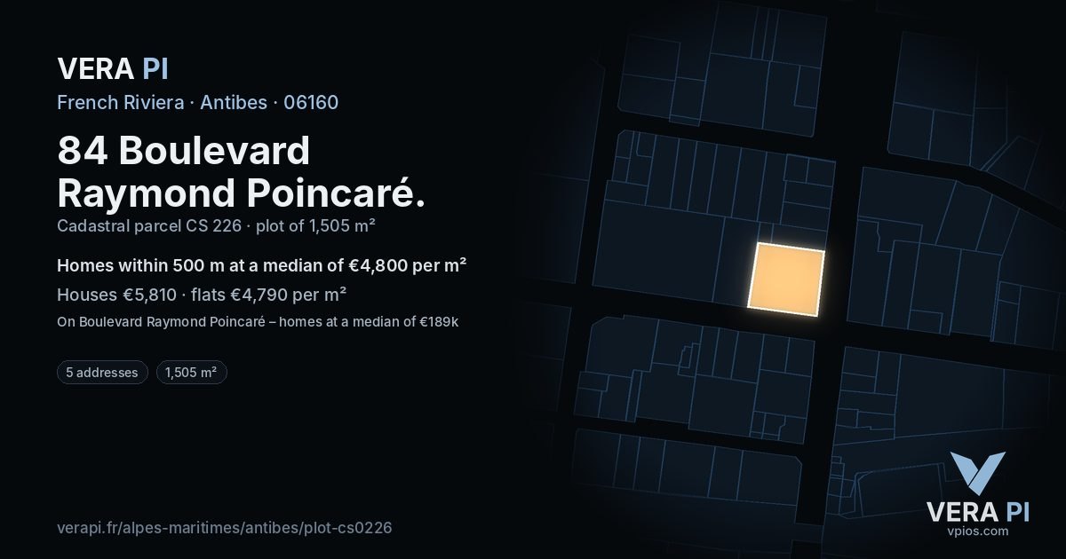 84 Boulevard Raymond Poincaré, Antibes at night – the plot lit, the parcels around coloured by the prices near them