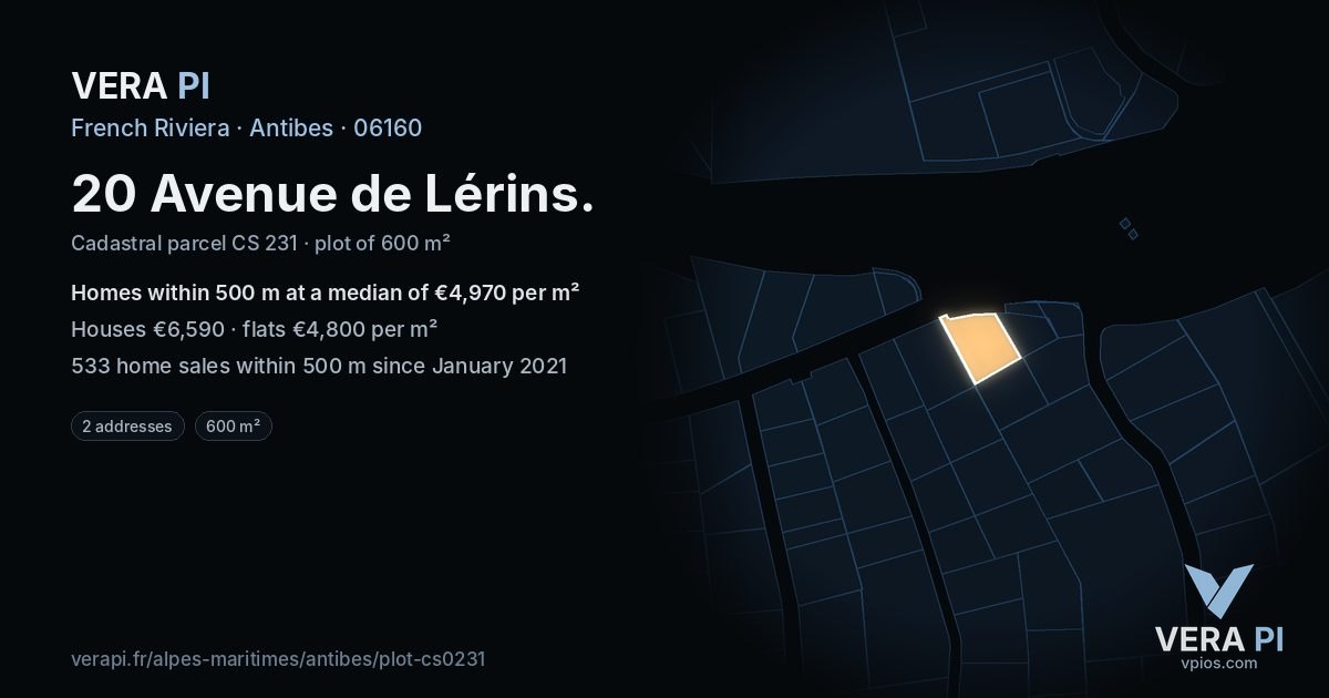 20 Avenue de Lérins, Antibes at night – the plot lit, the parcels around coloured by the prices near them