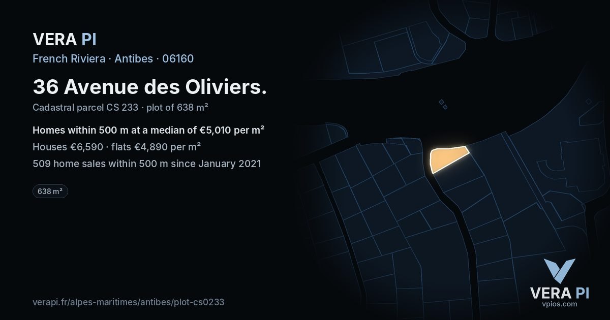 36 Avenue des Oliviers, Antibes at night – the plot lit, the parcels around coloured by the prices near them