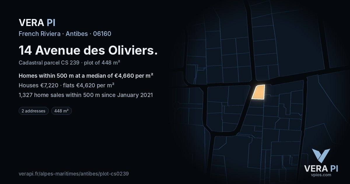 14 Avenue des Oliviers, Antibes at night – the plot lit, the parcels around coloured by the prices near them