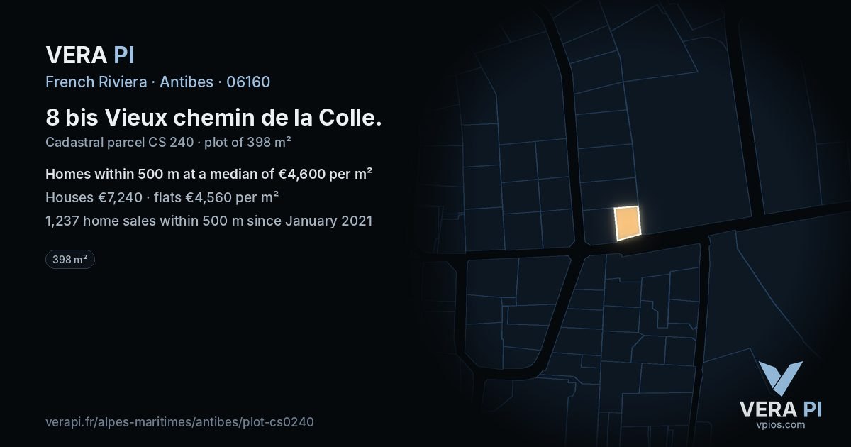 8 bis Vieux chemin de la Colle, Antibes at night – the plot lit, the parcels around coloured by the prices near them
