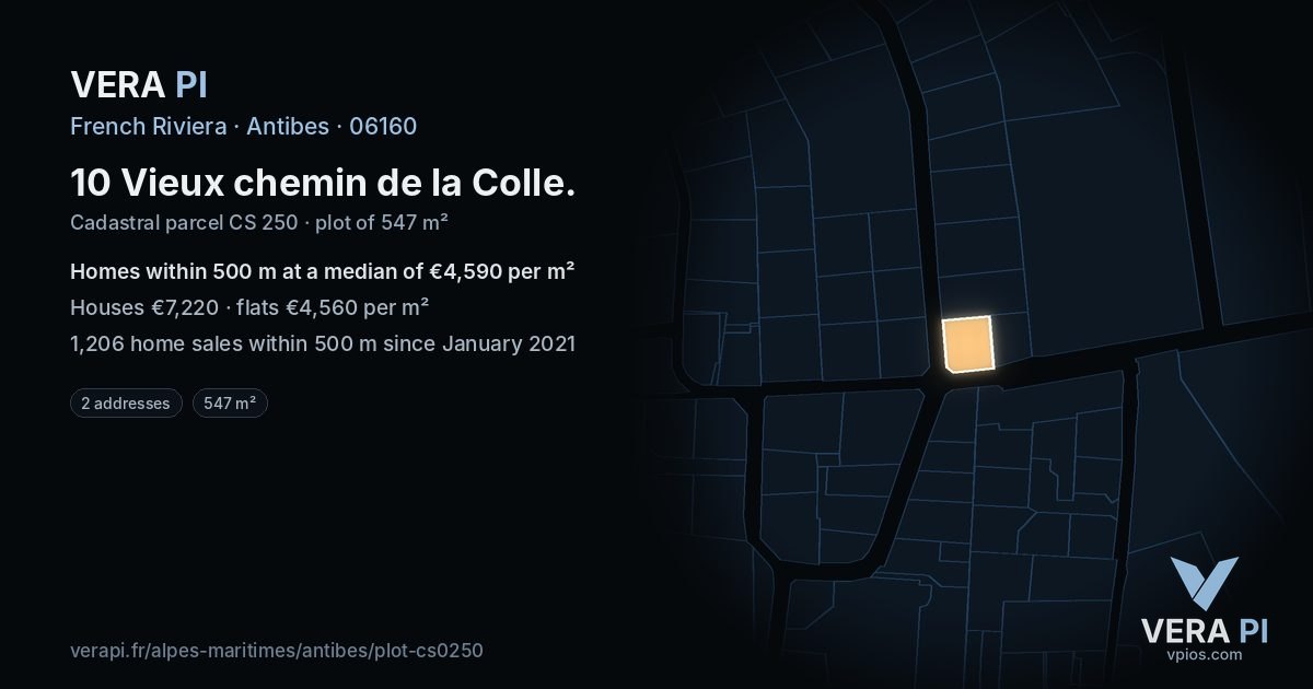 10 Vieux chemin de la Colle, Antibes at night – the plot lit, the parcels around coloured by the prices near them