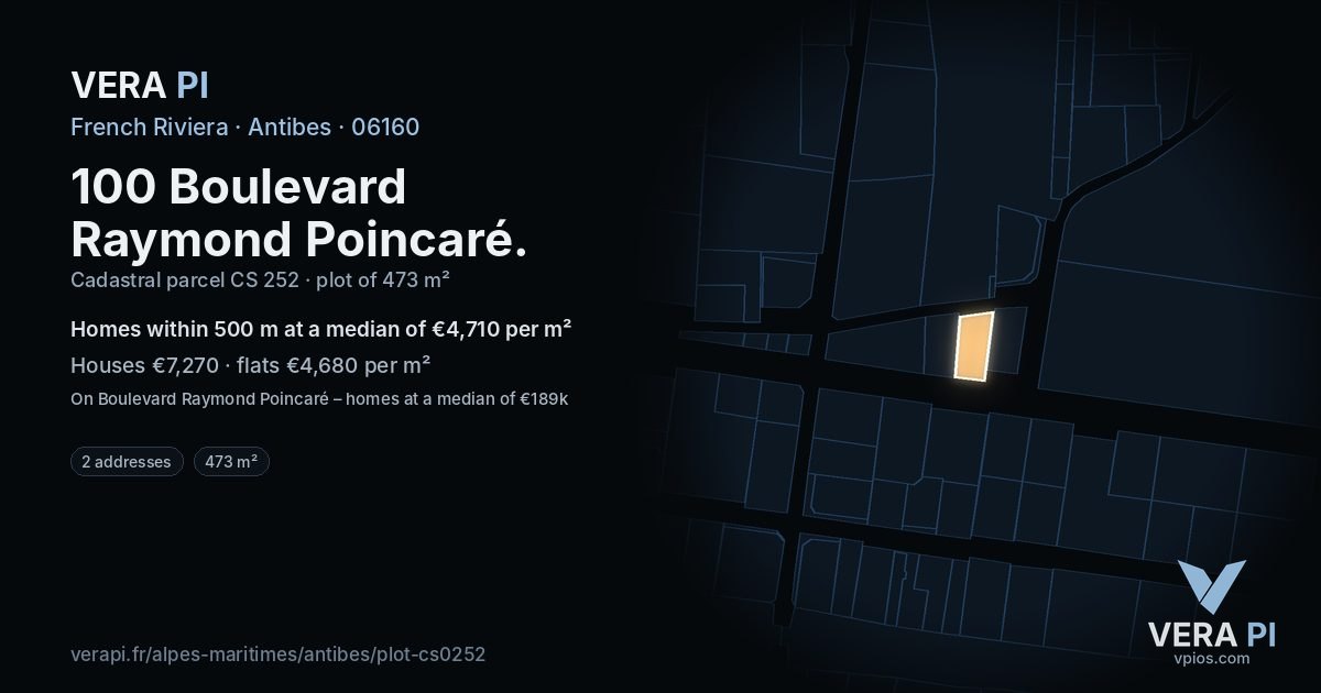 100 Boulevard Raymond Poincaré, Antibes at night – the plot lit, the parcels around coloured by the prices near them