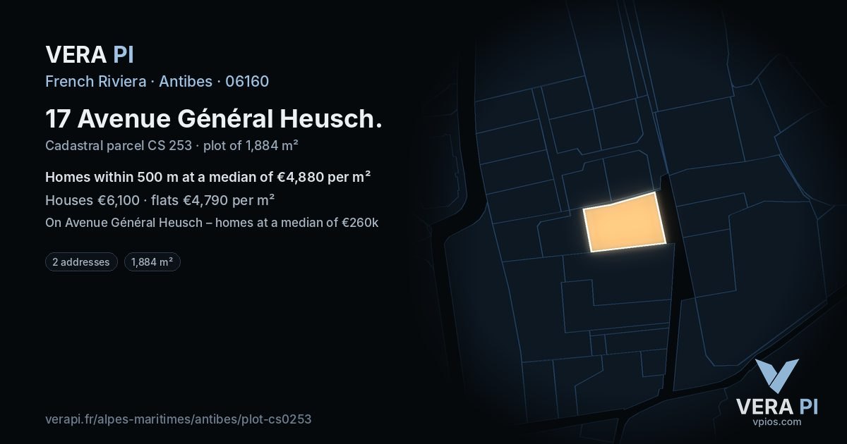 17 Avenue Général Heusch, Antibes at night – the plot lit, the parcels around coloured by the prices near them