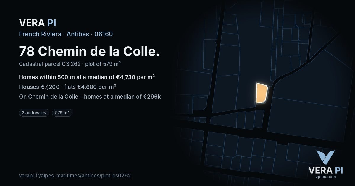 78 Chemin de la Colle, Antibes at night – the plot lit, the parcels around coloured by the prices near them