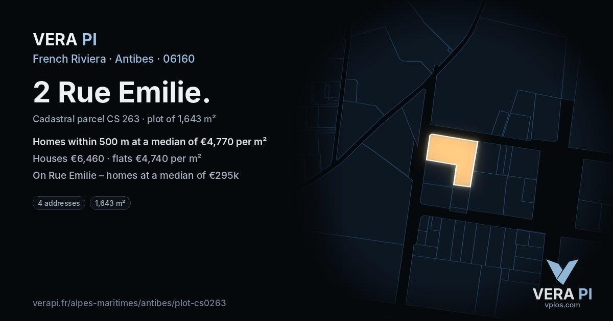 2 Rue Emilie, Antibes at night – the plot lit, the parcels around coloured by the prices near them