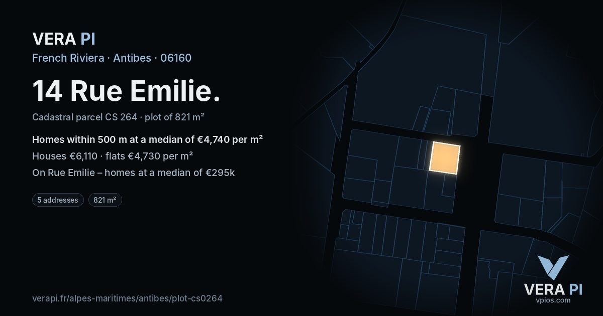 14 Rue Emilie, Antibes at night – the plot lit, the parcels around coloured by the prices near them