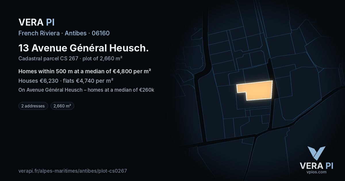 13 Avenue Général Heusch, Antibes at night – the plot lit, the parcels around coloured by the prices near them