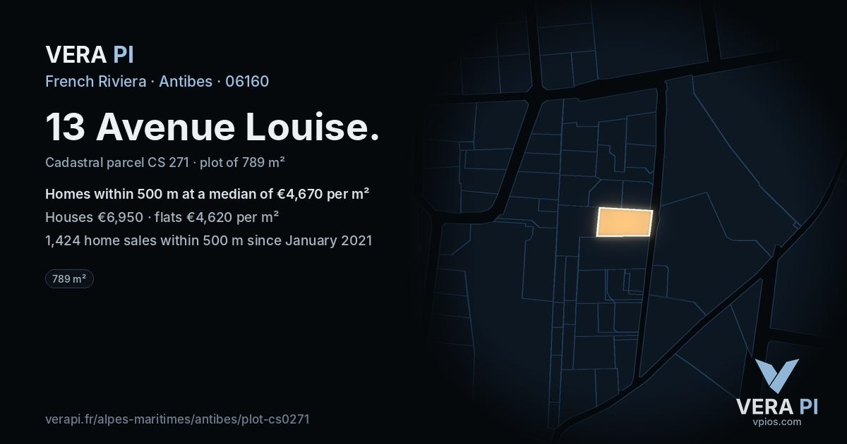 13 Avenue Louise, Antibes at night – the plot lit, the parcels around coloured by the prices near them