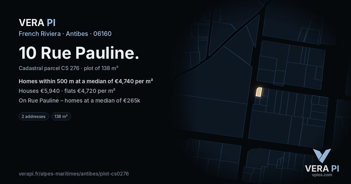10 Rue Pauline, Antibes at night – the plot lit, the parcels around coloured by the prices near them