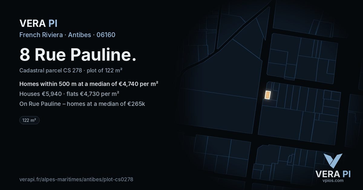 8 Rue Pauline, Antibes at night – the plot lit, the parcels around coloured by the prices near them