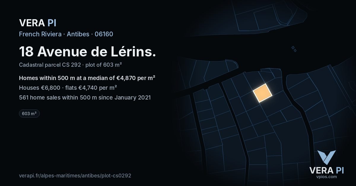 18 Avenue de Lérins, Antibes at night – the plot lit, the parcels around coloured by the prices near them