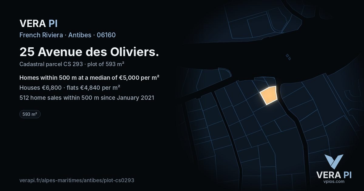 25 Avenue des Oliviers, Antibes at night – the plot lit, the parcels around coloured by the prices near them