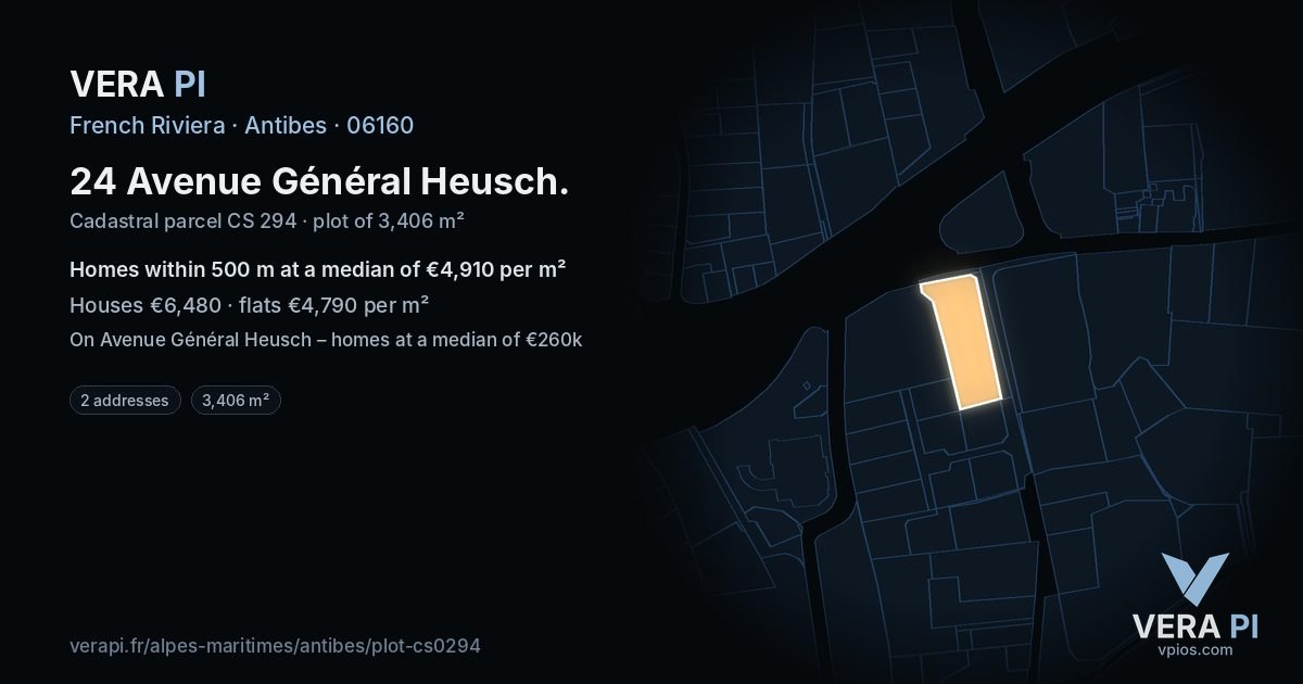 24 Avenue Général Heusch, Antibes at night – the plot lit, the parcels around coloured by the prices near them