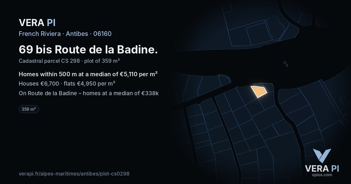 69 bis Route de la Badine, Antibes at night – the plot lit, the parcels around coloured by the prices near them