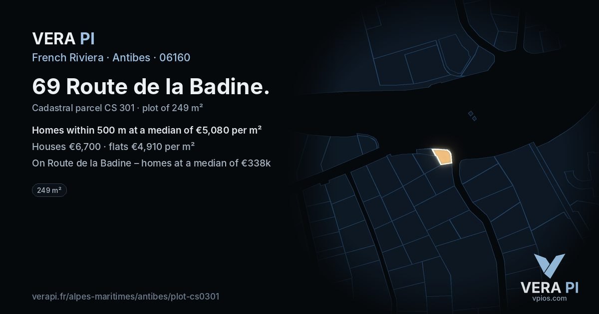 69 Route de la Badine, Antibes at night – the plot lit, the parcels around coloured by the prices near them