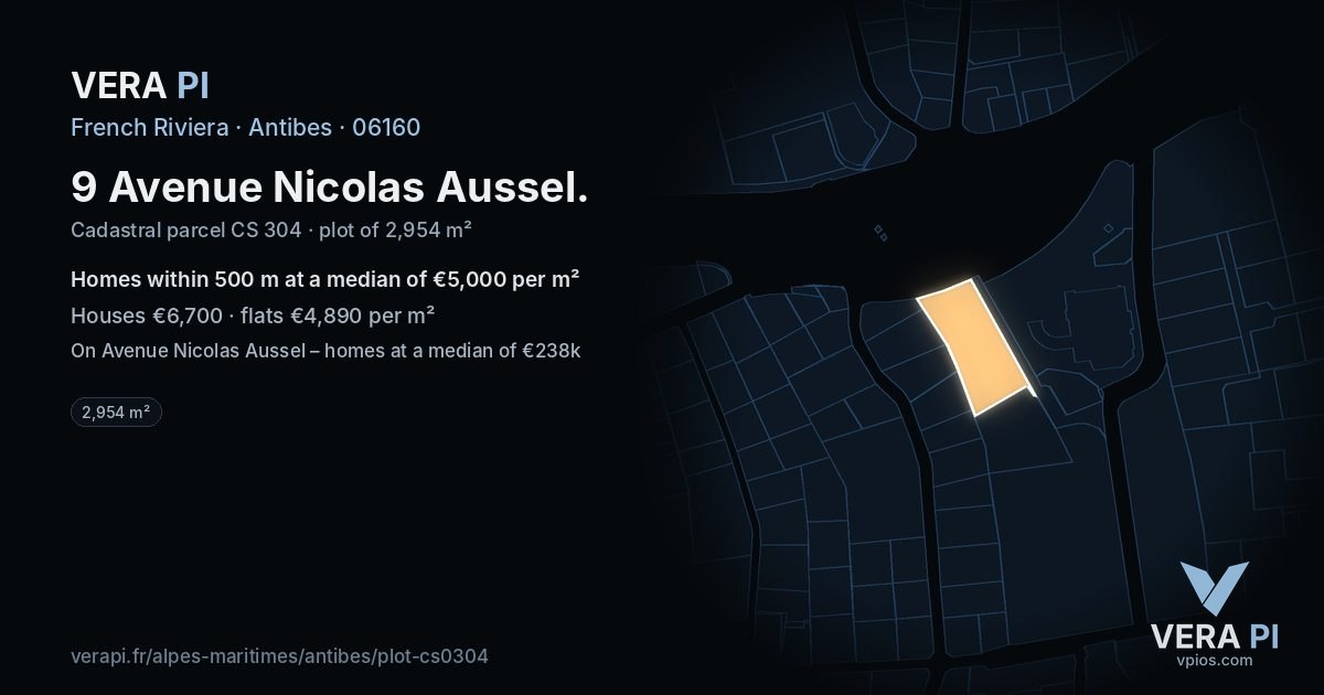 9 Avenue Nicolas Aussel, Antibes at night – the plot lit, the parcels around coloured by the prices near them