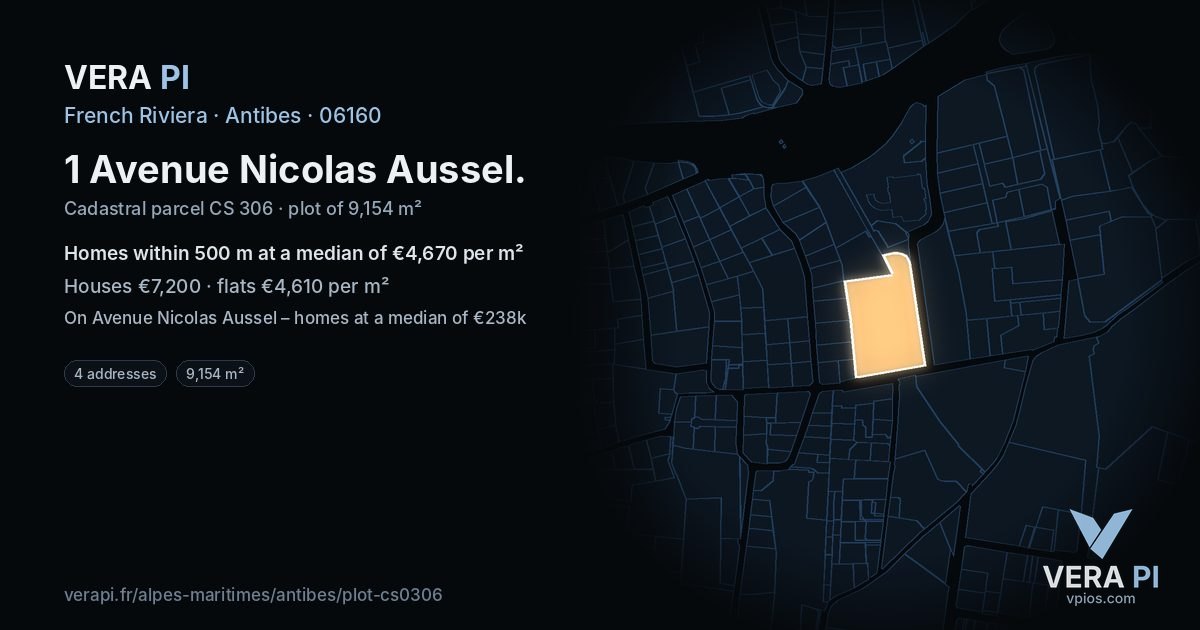 1 Avenue Nicolas Aussel, Antibes at night – the plot lit, the parcels around coloured by the prices near them