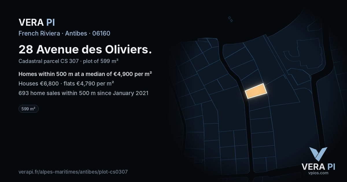 28 Avenue des Oliviers, Antibes at night – the plot lit, the parcels around coloured by the prices near them