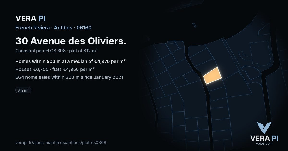 30 Avenue des Oliviers, Antibes at night – the plot lit, the parcels around coloured by the prices near them