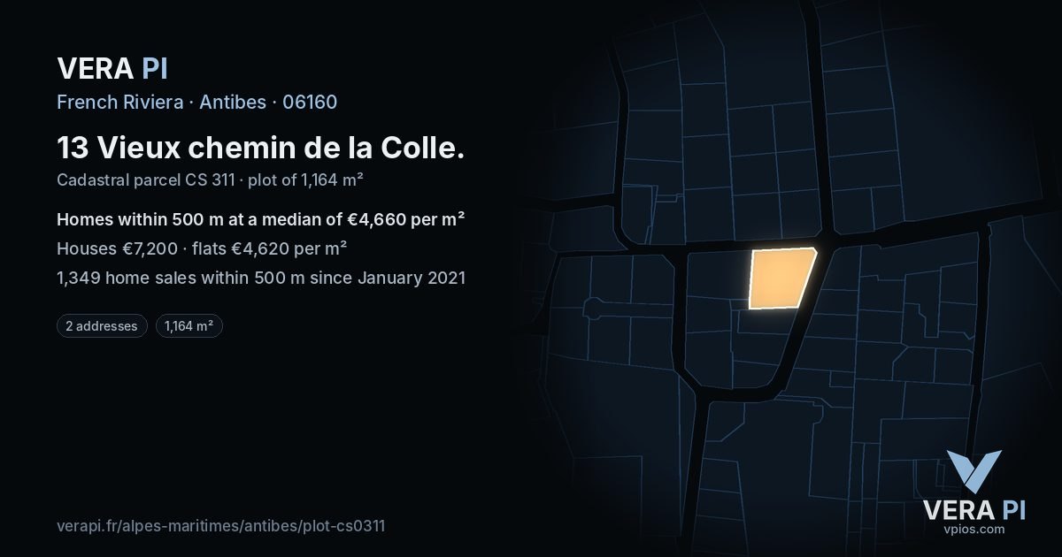 13 Vieux chemin de la Colle, Antibes at night – the plot lit, the parcels around coloured by the prices near them