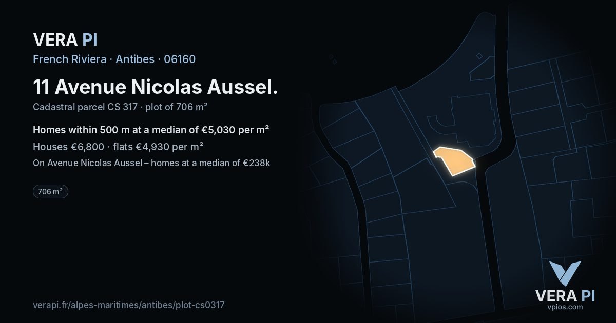 11 Avenue Nicolas Aussel, Antibes at night – the plot lit, the parcels around coloured by the prices near them