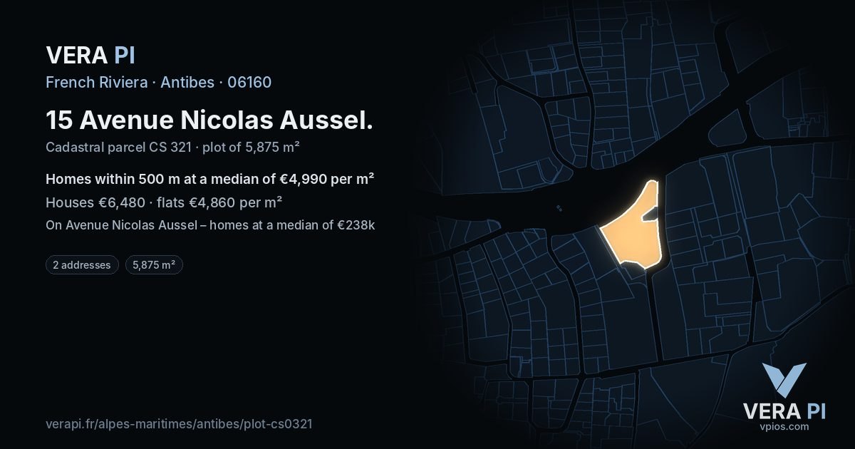 15 Avenue Nicolas Aussel, Antibes at night – the plot lit, the parcels around coloured by the prices near them