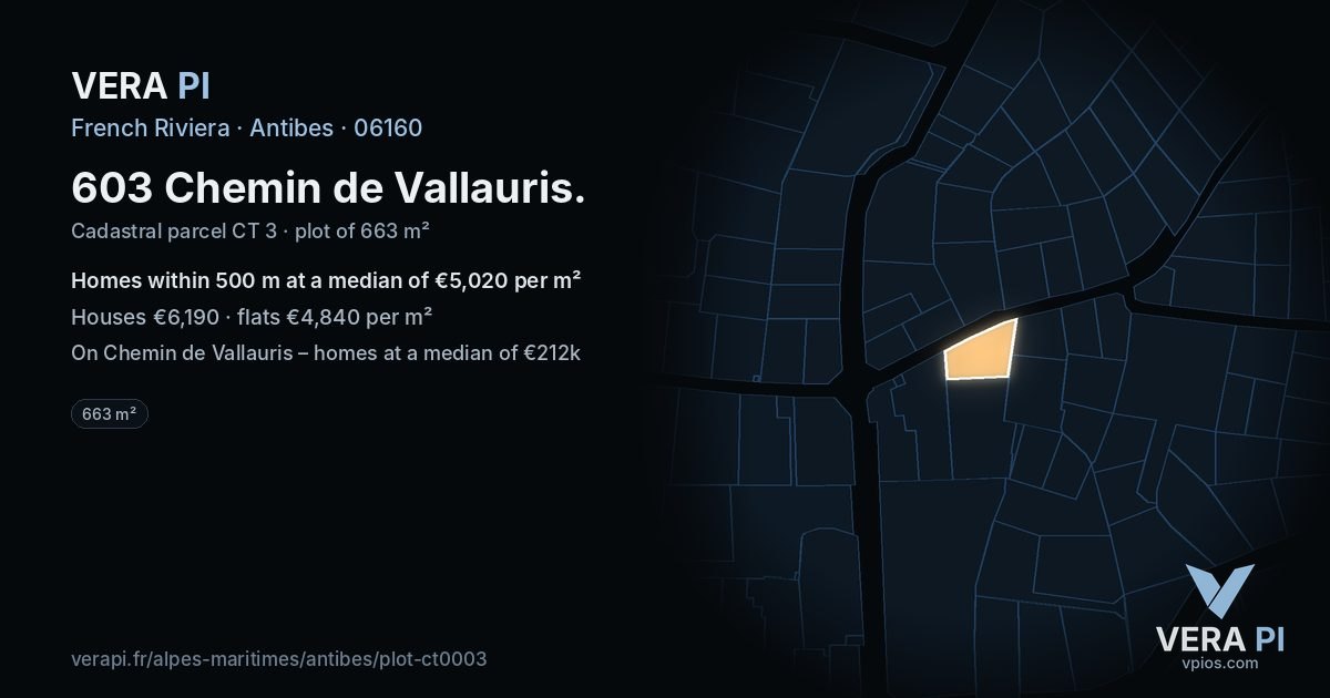 603 Chemin de Vallauris, Antibes at night – the plot lit, the parcels around coloured by the prices near them