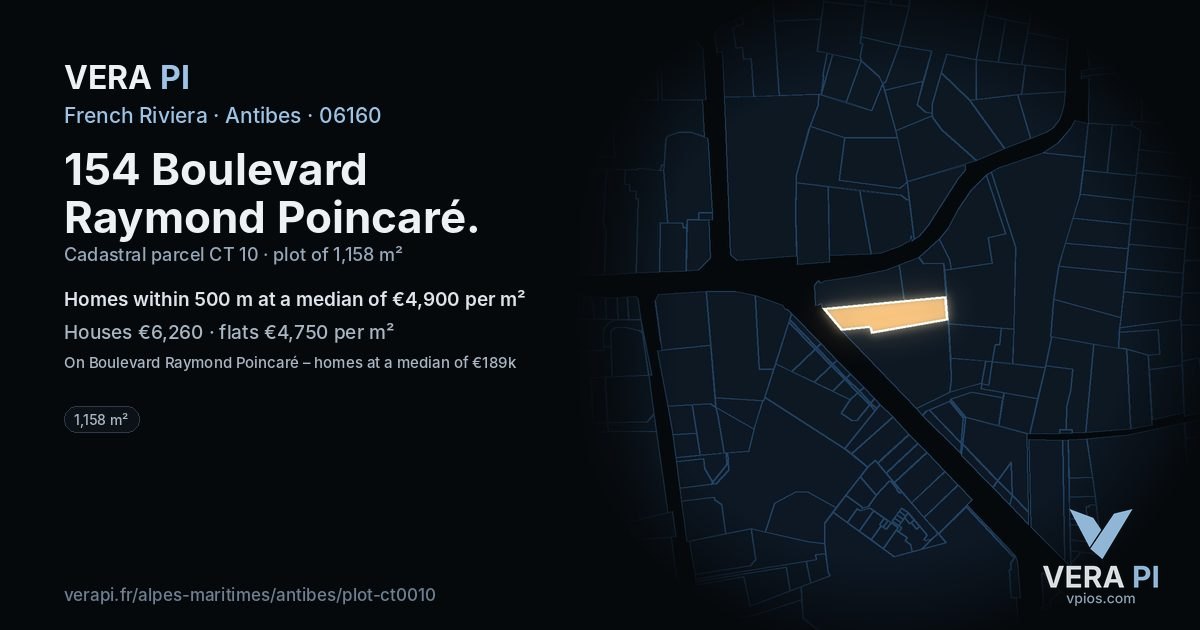 154 Boulevard Raymond Poincaré, Antibes at night – the plot lit, the parcels around coloured by the prices near them
