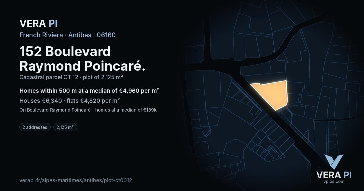 152 Boulevard Raymond Poincaré, Antibes at night – the plot lit, the parcels around coloured by the prices near them