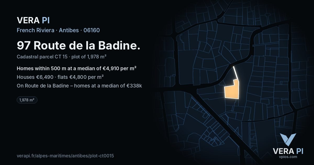 97 Route de la Badine, Antibes at night – the plot lit, the parcels around coloured by the prices near them