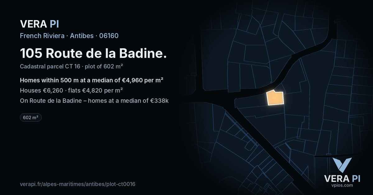 105 Route de la Badine, Antibes at night – the plot lit, the parcels around coloured by the prices near them