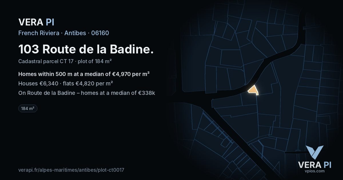 103 Route de la Badine, Antibes at night – the plot lit, the parcels around coloured by the prices near them