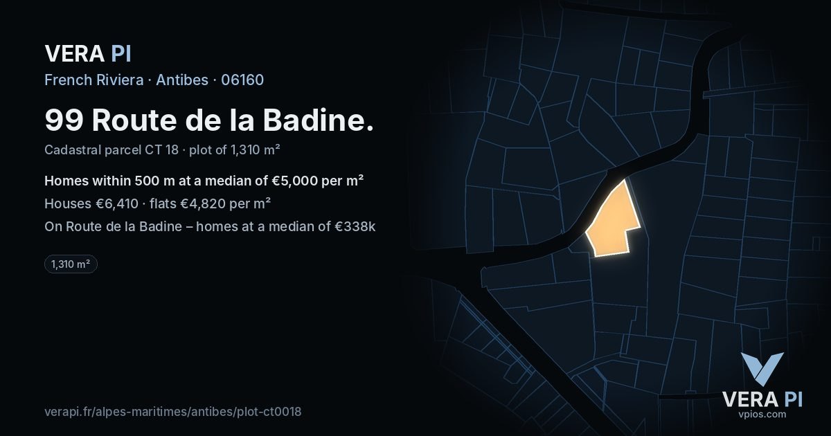 99 Route de la Badine, Antibes at night – the plot lit, the parcels around coloured by the prices near them