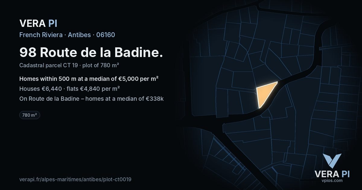 98 Route de la Badine, Antibes at night – the plot lit, the parcels around coloured by the prices near them