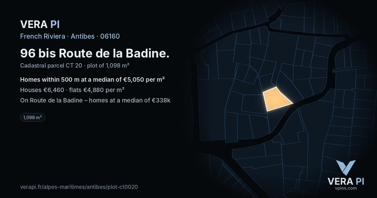 96 bis Route de la Badine, Antibes at night – the plot lit, the parcels around coloured by the prices near them