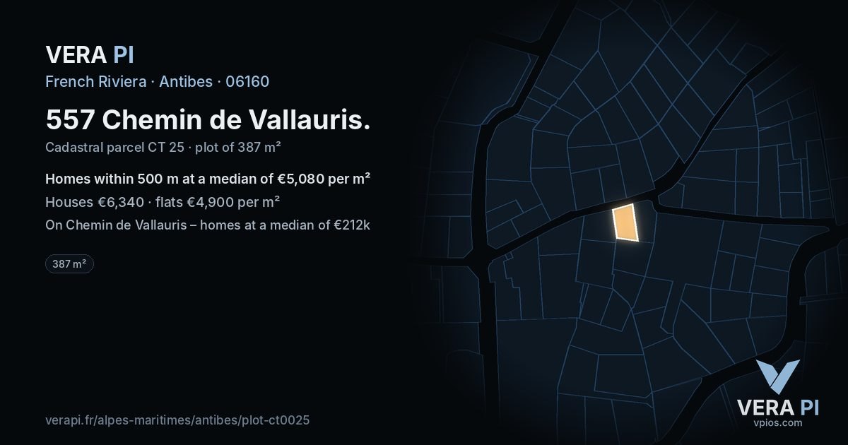 557 Chemin de Vallauris, Antibes at night – the plot lit, the parcels around coloured by the prices near them
