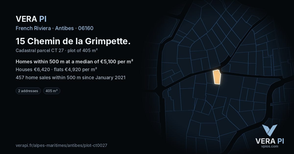 15 Chemin de la Grimpette, Antibes at night – the plot lit, the parcels around coloured by the prices near them