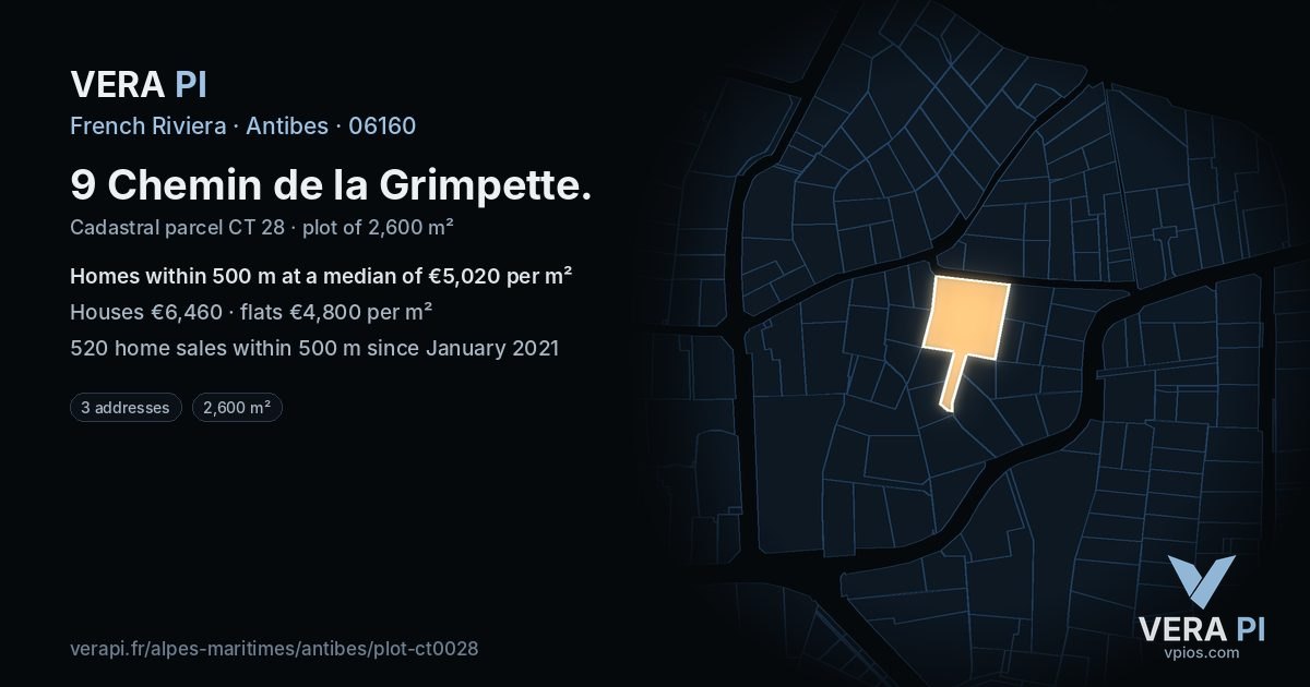 9 Chemin de la Grimpette, Antibes at night – the plot lit, the parcels around coloured by the prices near them