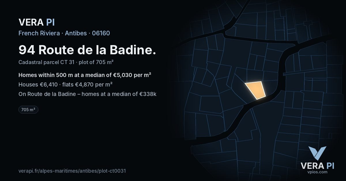 94 Route de la Badine, Antibes at night – the plot lit, the parcels around coloured by the prices near them
