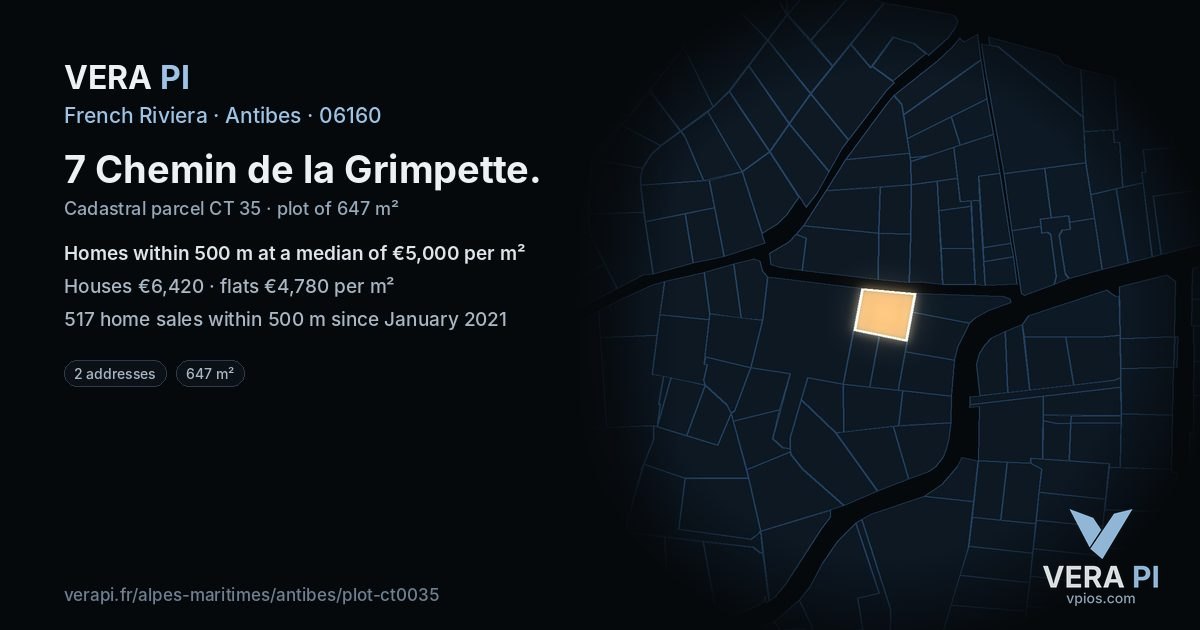 7 Chemin de la Grimpette, Antibes at night – the plot lit, the parcels around coloured by the prices near them