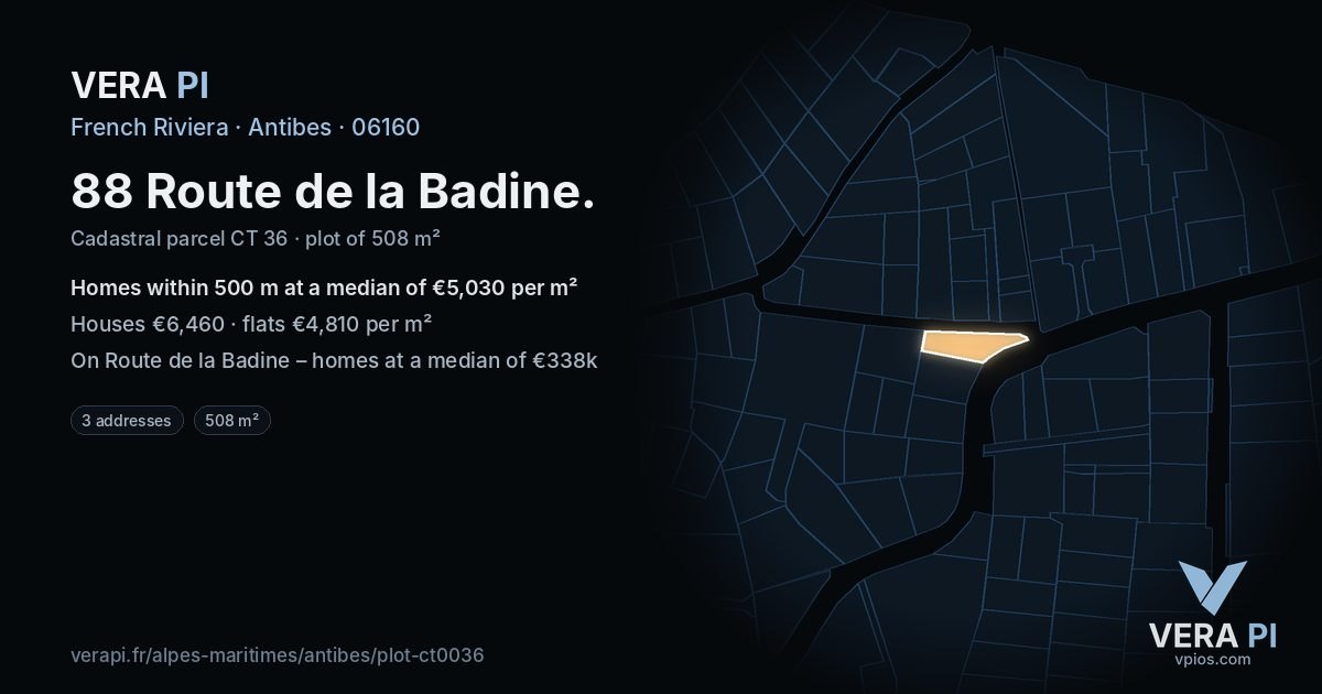 88 Route de la Badine, Antibes at night – the plot lit, the parcels around coloured by the prices near them