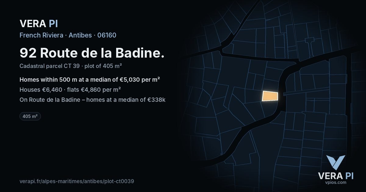 92 Route de la Badine, Antibes at night – the plot lit, the parcels around coloured by the prices near them